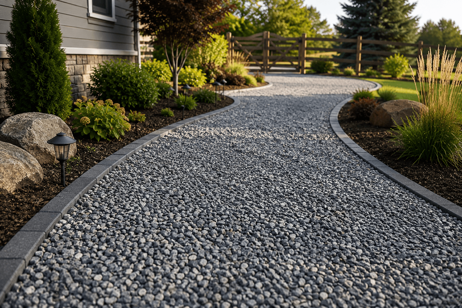 Decorative gray gravel pathway with paver edging winding through a landscaped Spokane yard
