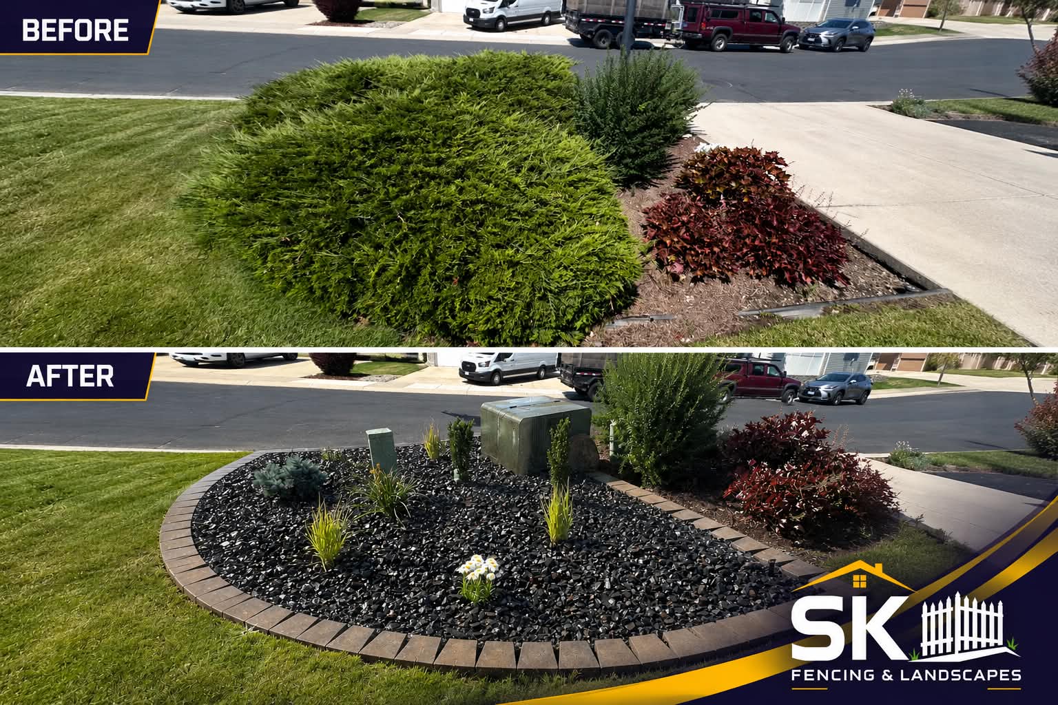 Before and after of an overgrown shrub replaced with a paver-bordered decorative rock bed